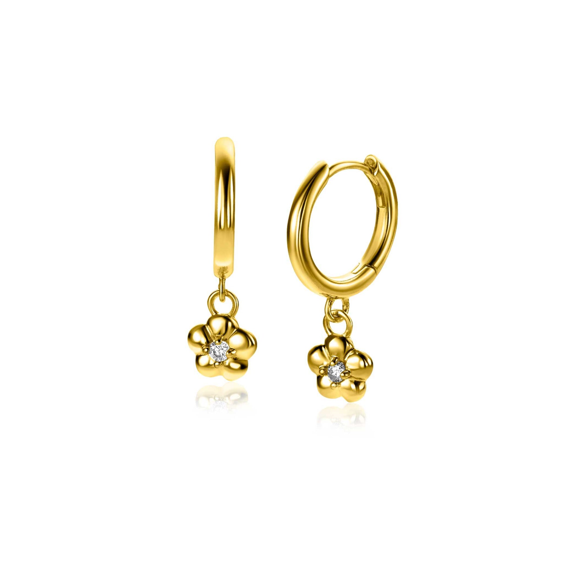 Zinzi 22mm gold plated zilveren oorringen 14mm met bungelende bloemetjes bezet met witte zirkonia ZIO2620