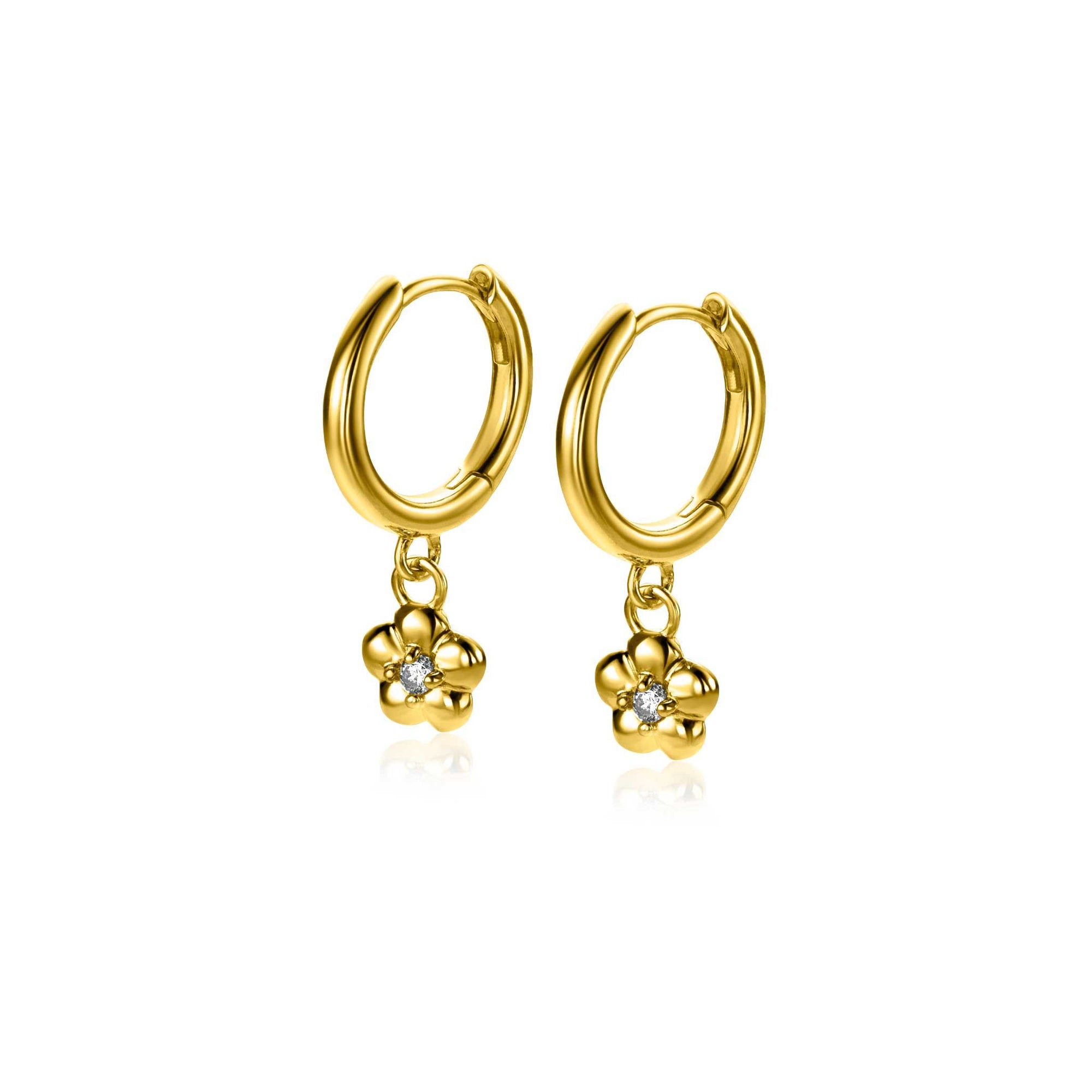 Zinzi 22mm gold plated zilveren oorringen 14mm met bungelende bloemetjes bezet met witte zirkonia ZIO2620