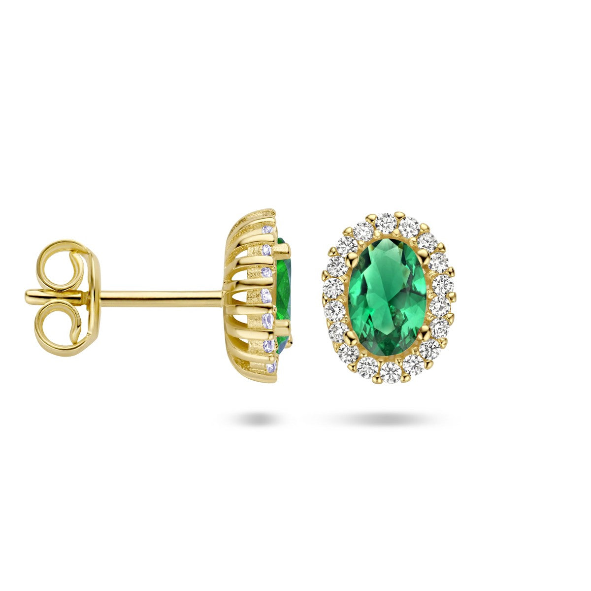 14K Geelgoud Oorknoppen Groen En Wit Zirkonia Halo 4025265