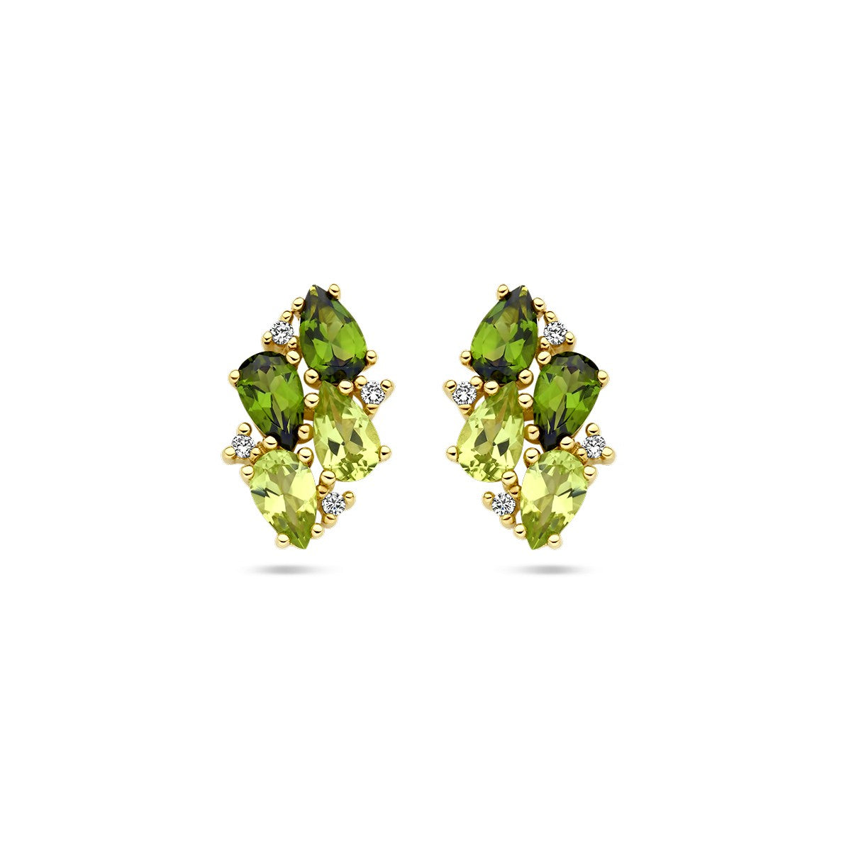 14K Geelgoud Ooknoppen Groen Toermalijn, Peridot En Diamant 0.05Ct (2X 0.025Ct) H Si 4028735