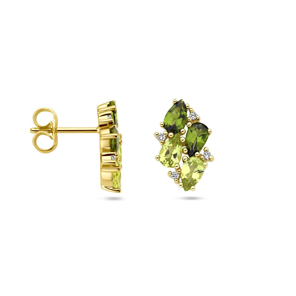 14K Geelgoud Ooknoppen Groen Toermalijn, Peridot En Diamant 0.05Ct (2X 0.025Ct) H Si 4028735