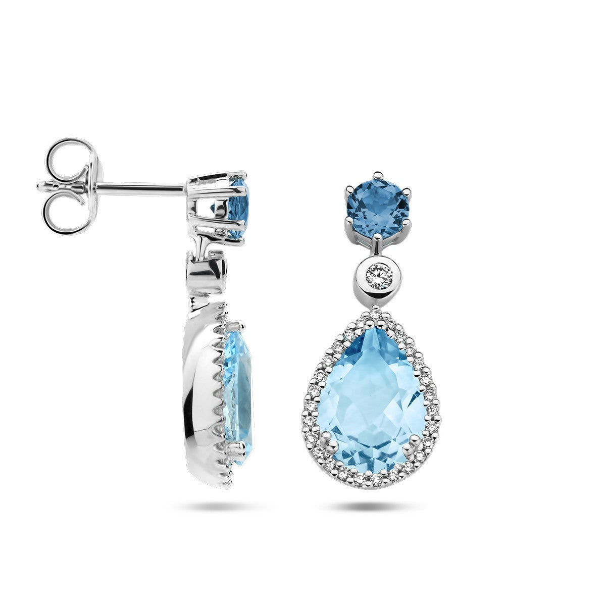 14K Witgoud Oorhangers London Blue Topaas, Blauw Topaas En Diamant 0.19Ct (2X 0.095Ct) H Si 4106046