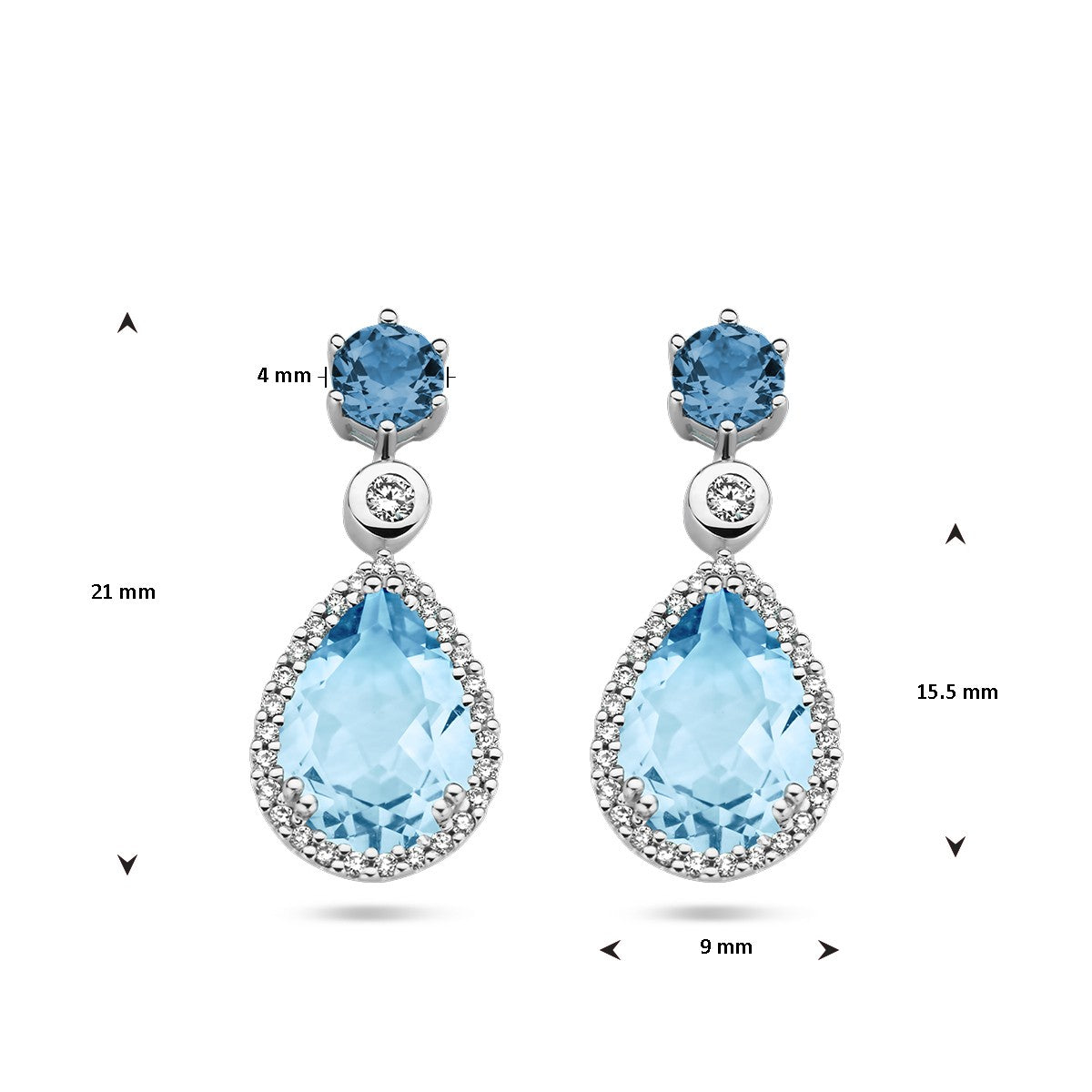 14K Witgoud Oorhangers London Blue Topaas, Blauw Topaas En Diamant 0.19Ct (2X 0.095Ct) H Si 4106046