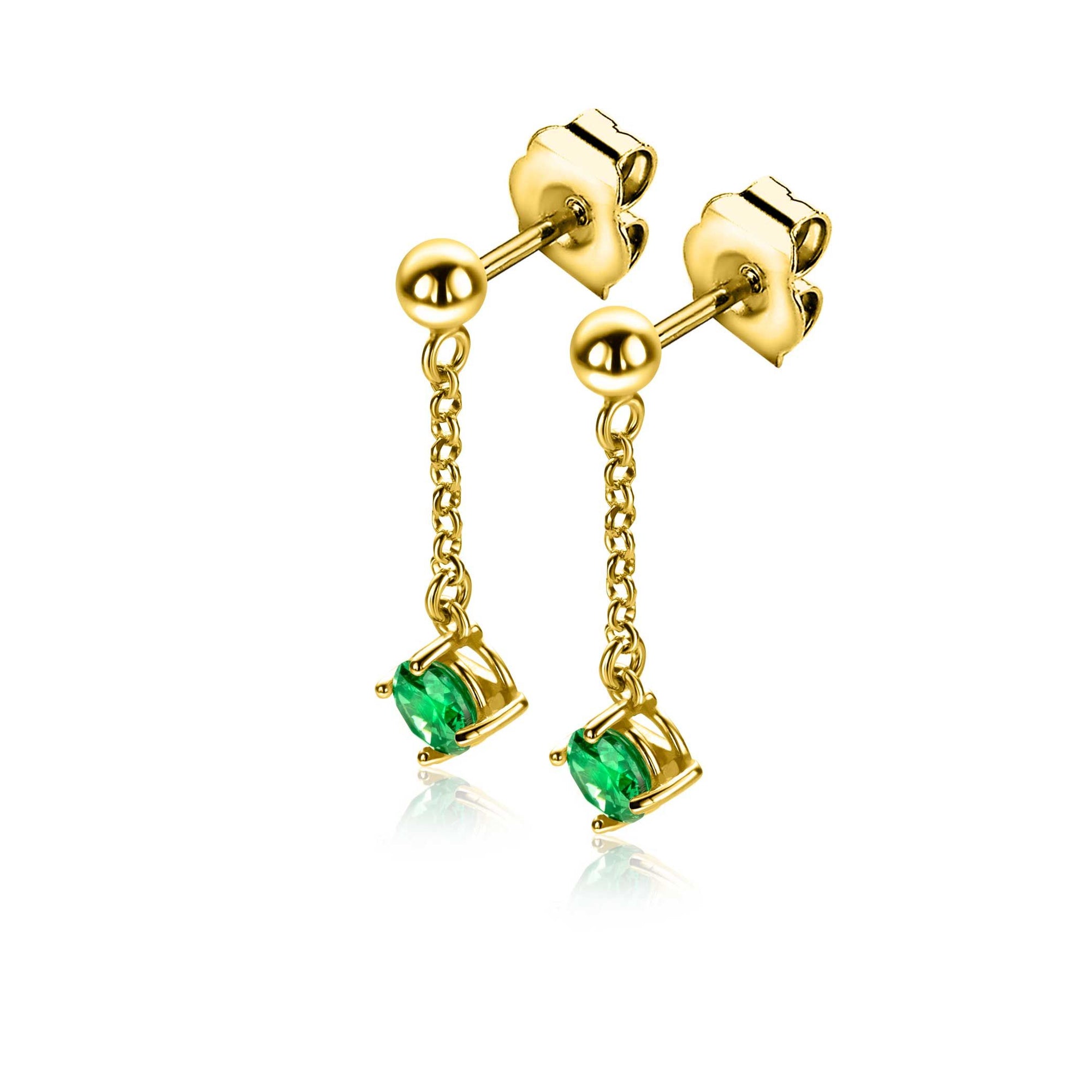 Zinzi 26mm gold plated zilveren oorstekers met kettinkje en een bungelende ronde groene kleursteen ZIO2660G