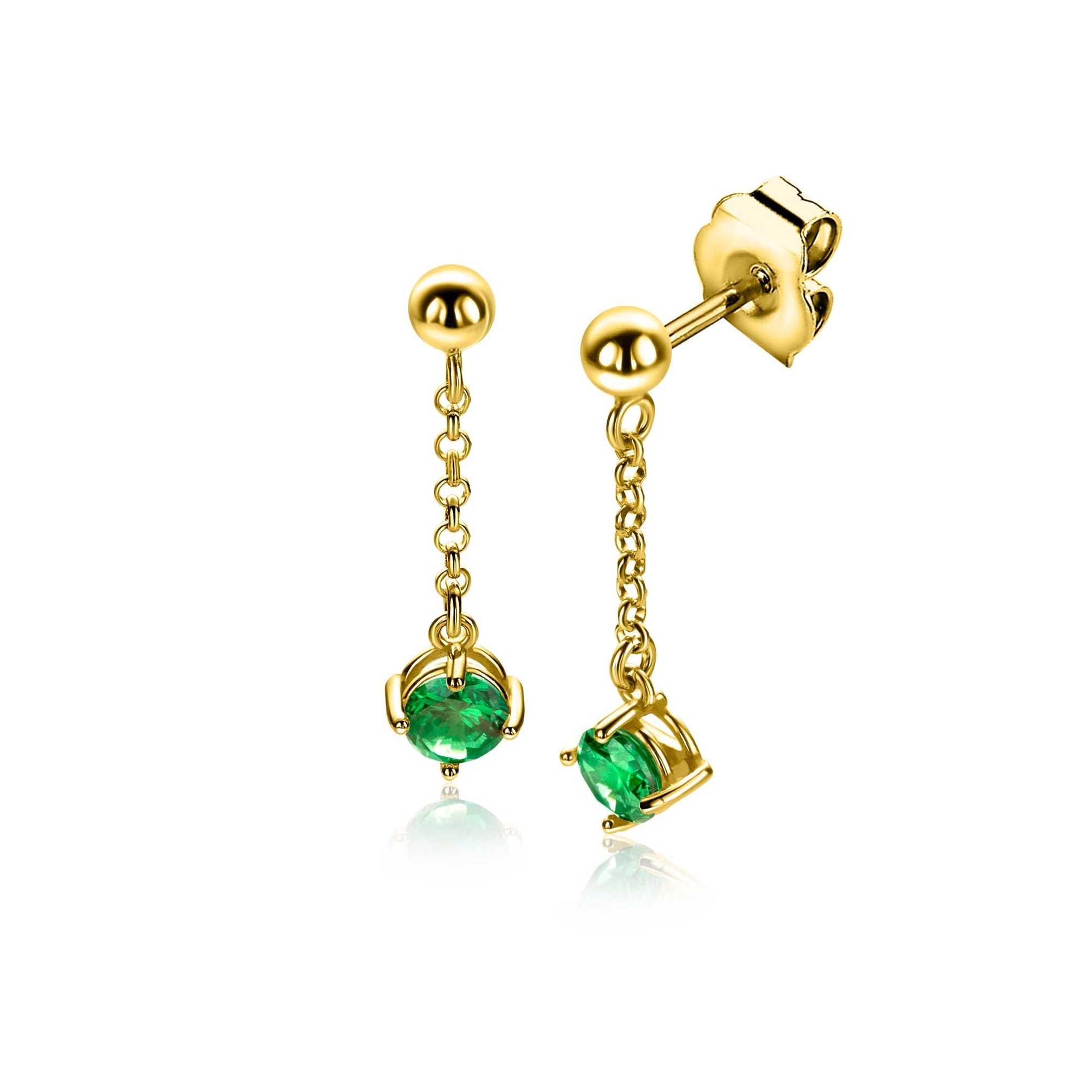 Zinzi 26mm gold plated zilveren oorstekers met kettinkje en een bungelende ronde groene kleursteen ZIO2660G