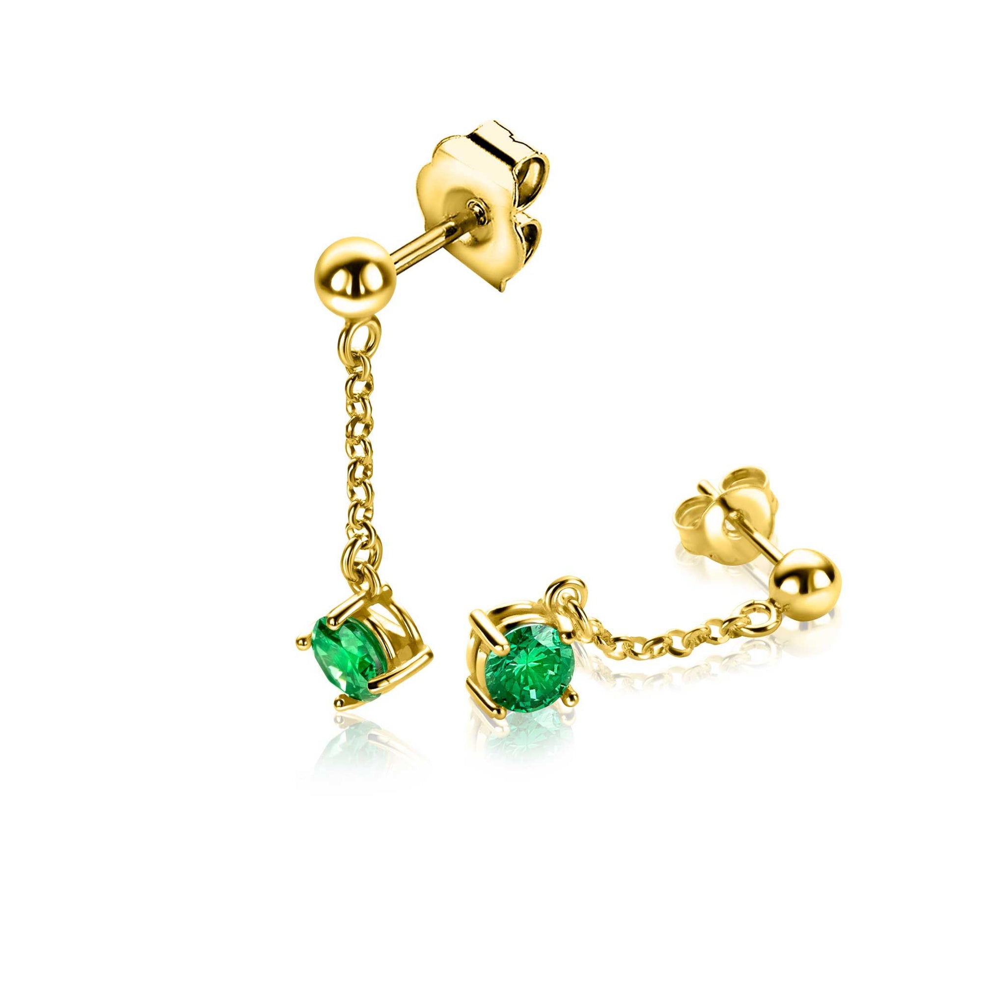 Zinzi 26mm gold plated zilveren oorstekers met kettinkje en een bungelende ronde groene kleursteen ZIO2660G