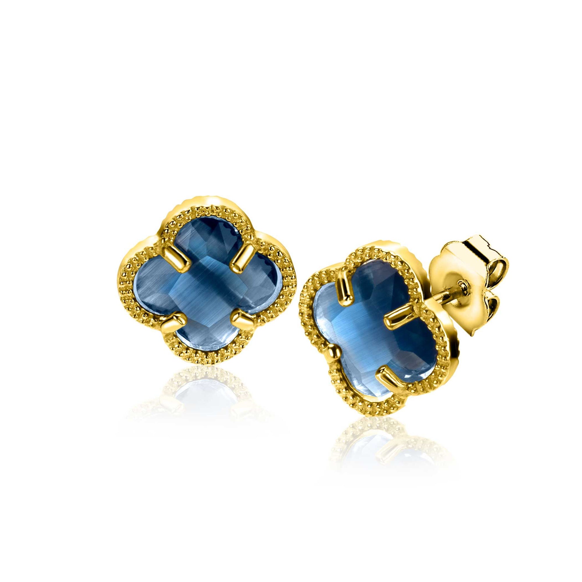 Zinzi 9mm gold plated zilveren oorstekers in klaver vorm met donkerblauwe kleursteen ZIO2662DB