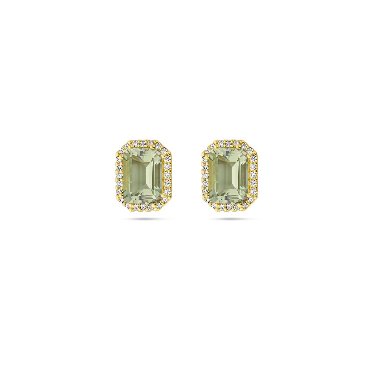 18K Geelgoud Oorknoppen Groen Amethist En Diamant 0.14Ct (2X 0.07Ct) H Si Halo 7000252