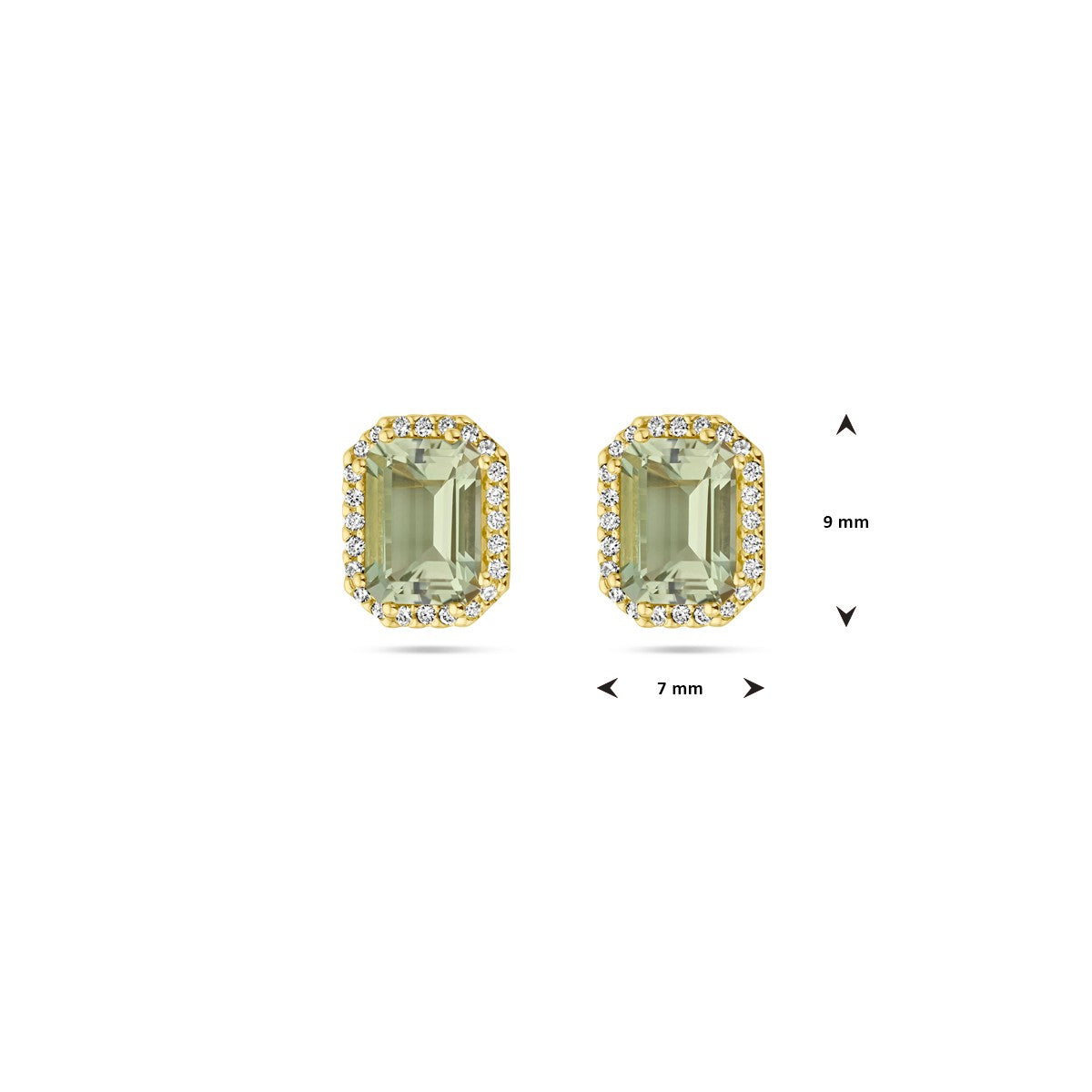 18K Geelgoud Oorknoppen Groen Amethist En Diamant 0.14Ct (2X 0.07Ct) H Si Halo 7000252