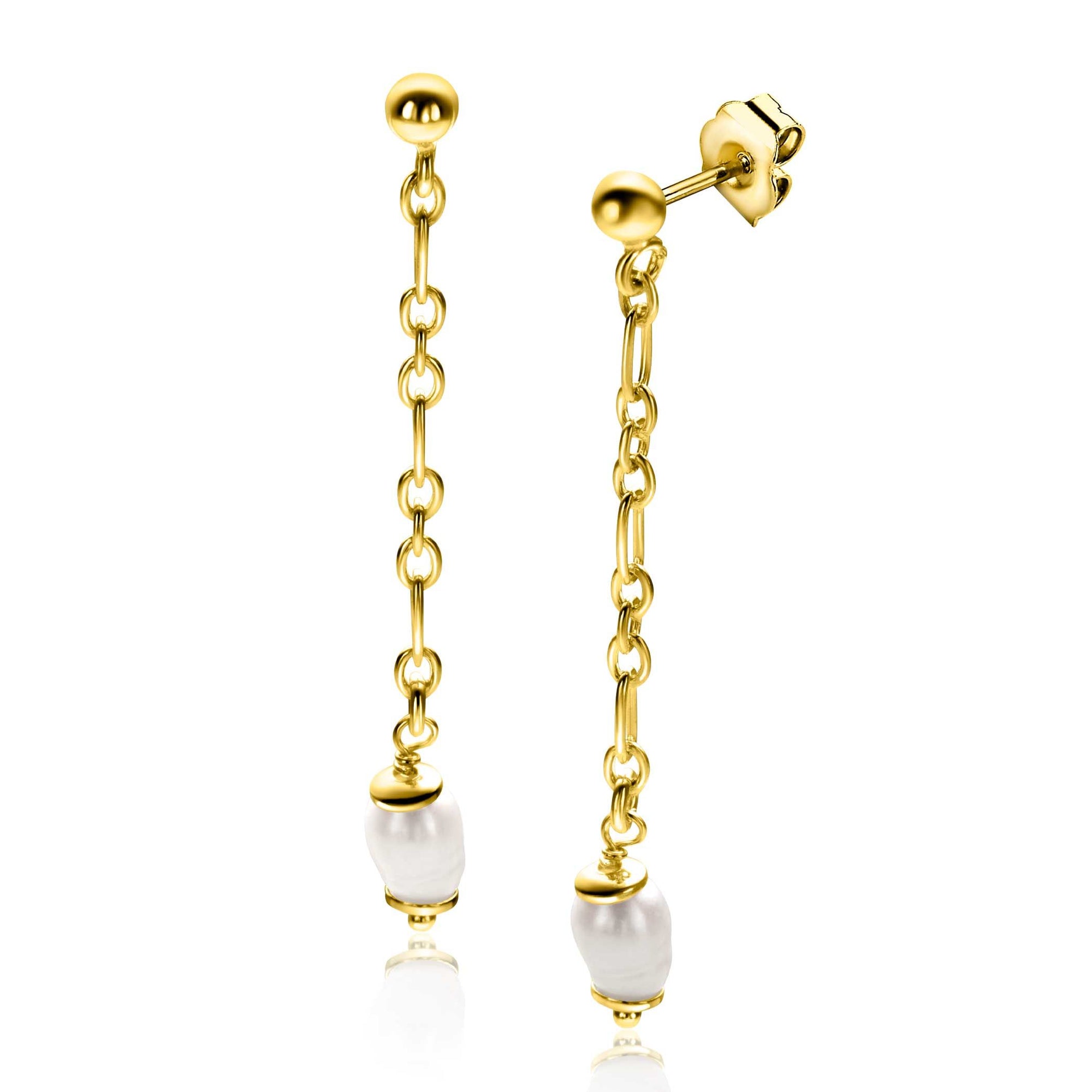 Zinzi 40mm gold plated zilveren oorstekers met lang schakelkettinkje, inclusief witte zoetwaterparel ZIO2588