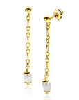 Zinzi 40mm gold plated zilveren oorstekers met lang schakelkettinkje, inclusief witte zoetwaterparel ZIO2588