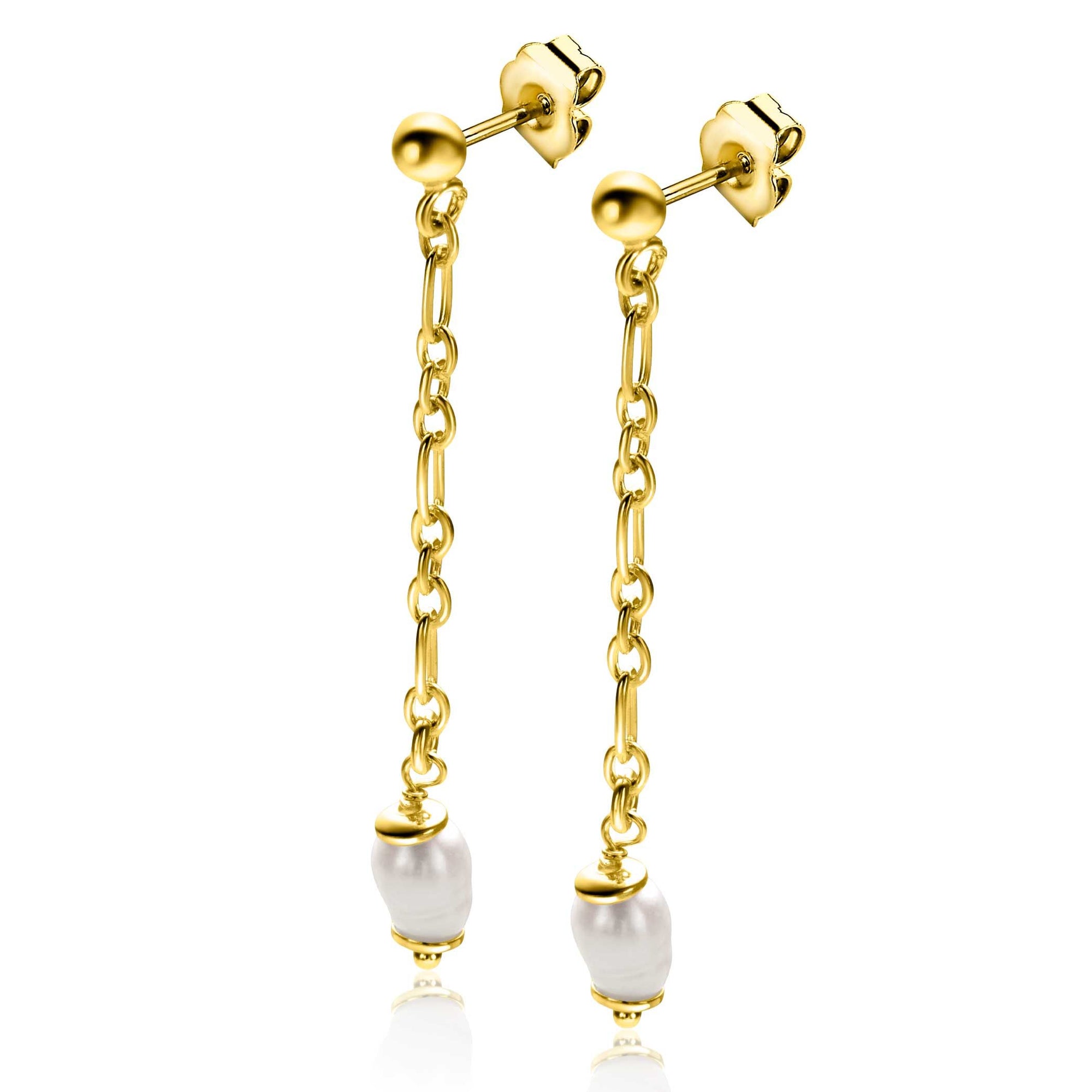 Zinzi 40mm gold plated zilveren oorstekers met lang schakelkettinkje, inclusief witte zoetwaterparel ZIO2588