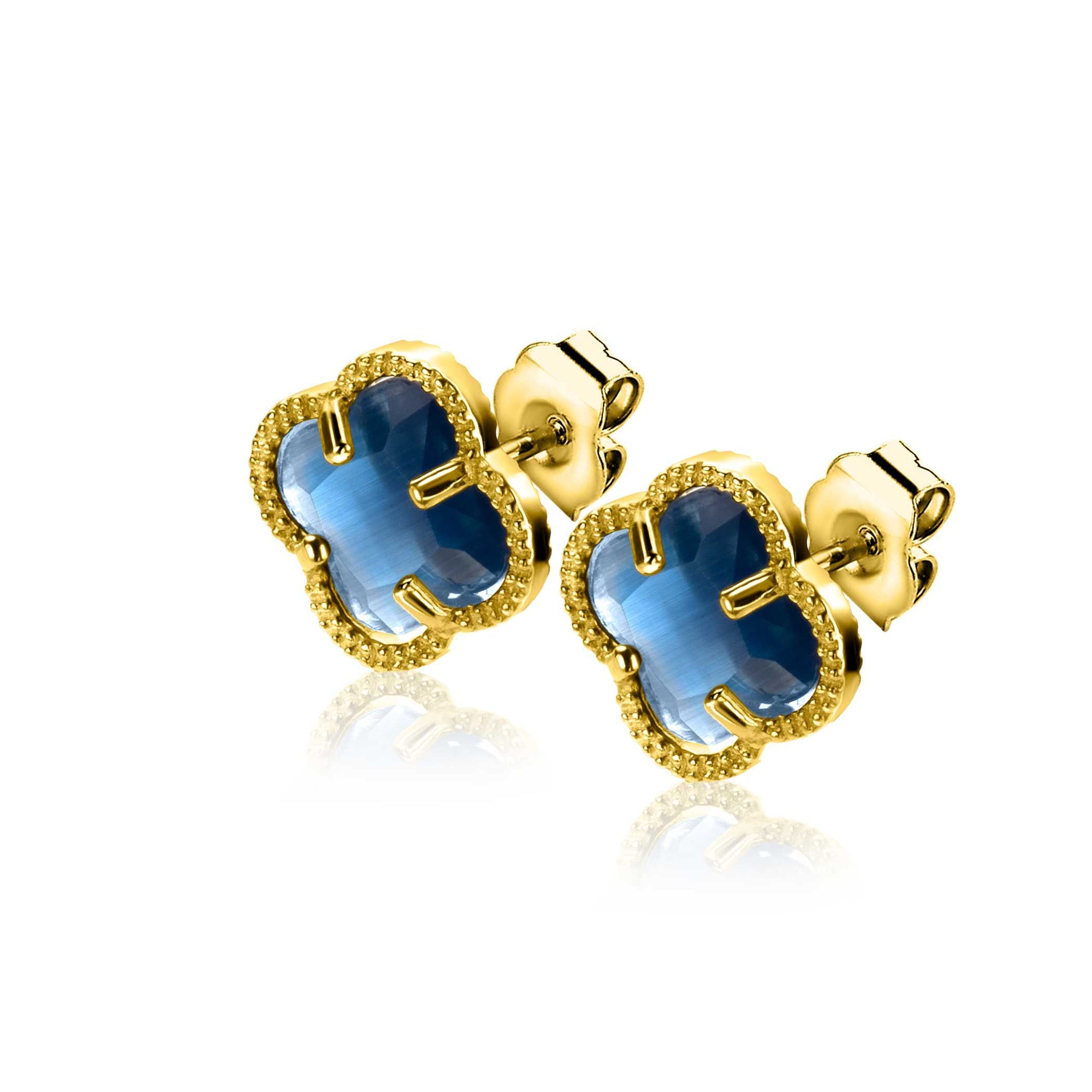 Zinzi 9mm gold plated zilveren oorstekers in klaver vorm met donkerblauwe kleursteen ZIO2662DB