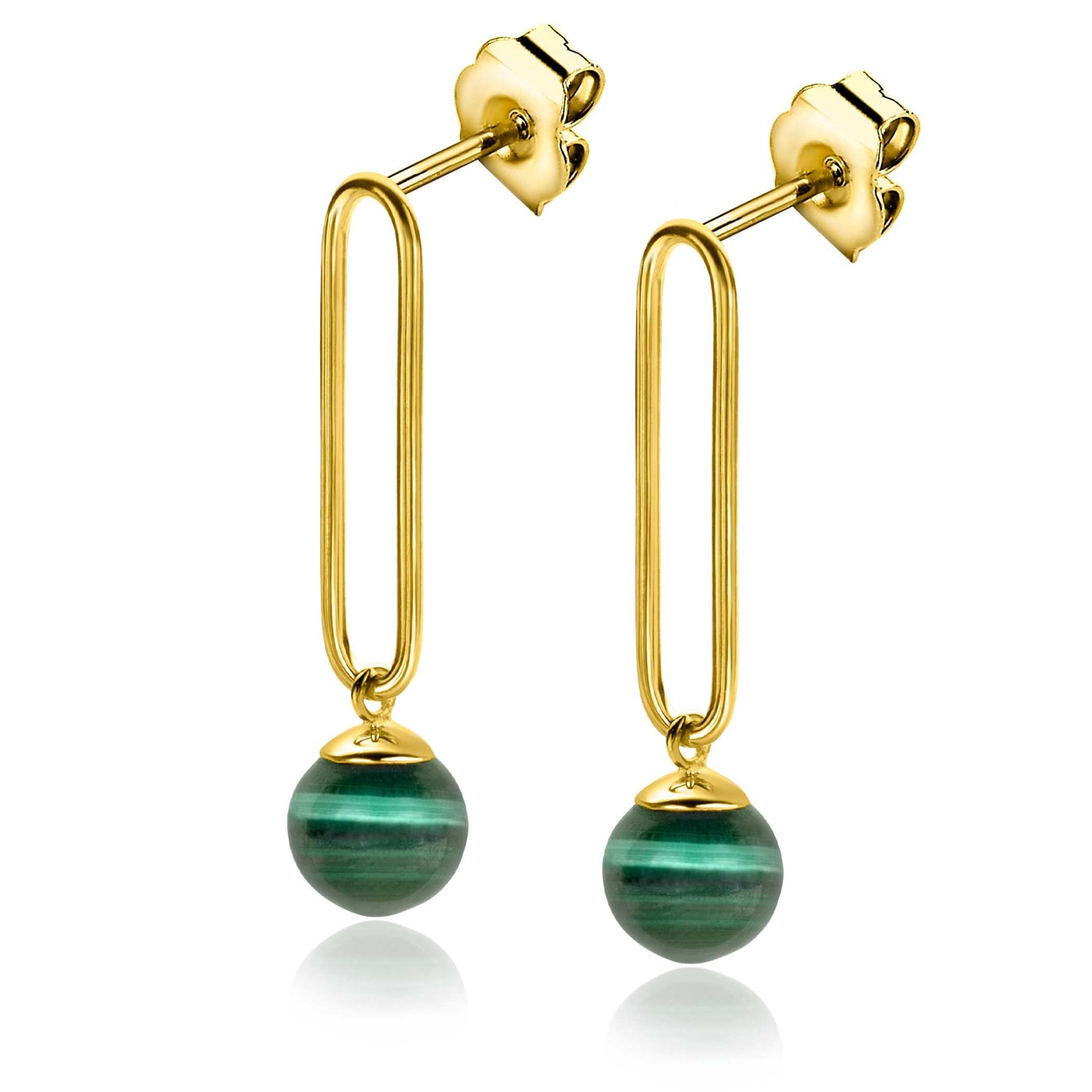 Zinzi Gold Plated Zilveren Oorstekers met Ovale Schakel en Groene Malachiet Bol 35mm - ZIO2420, exclusief en kwalitatief hoogwaardig. Ontdek nu!