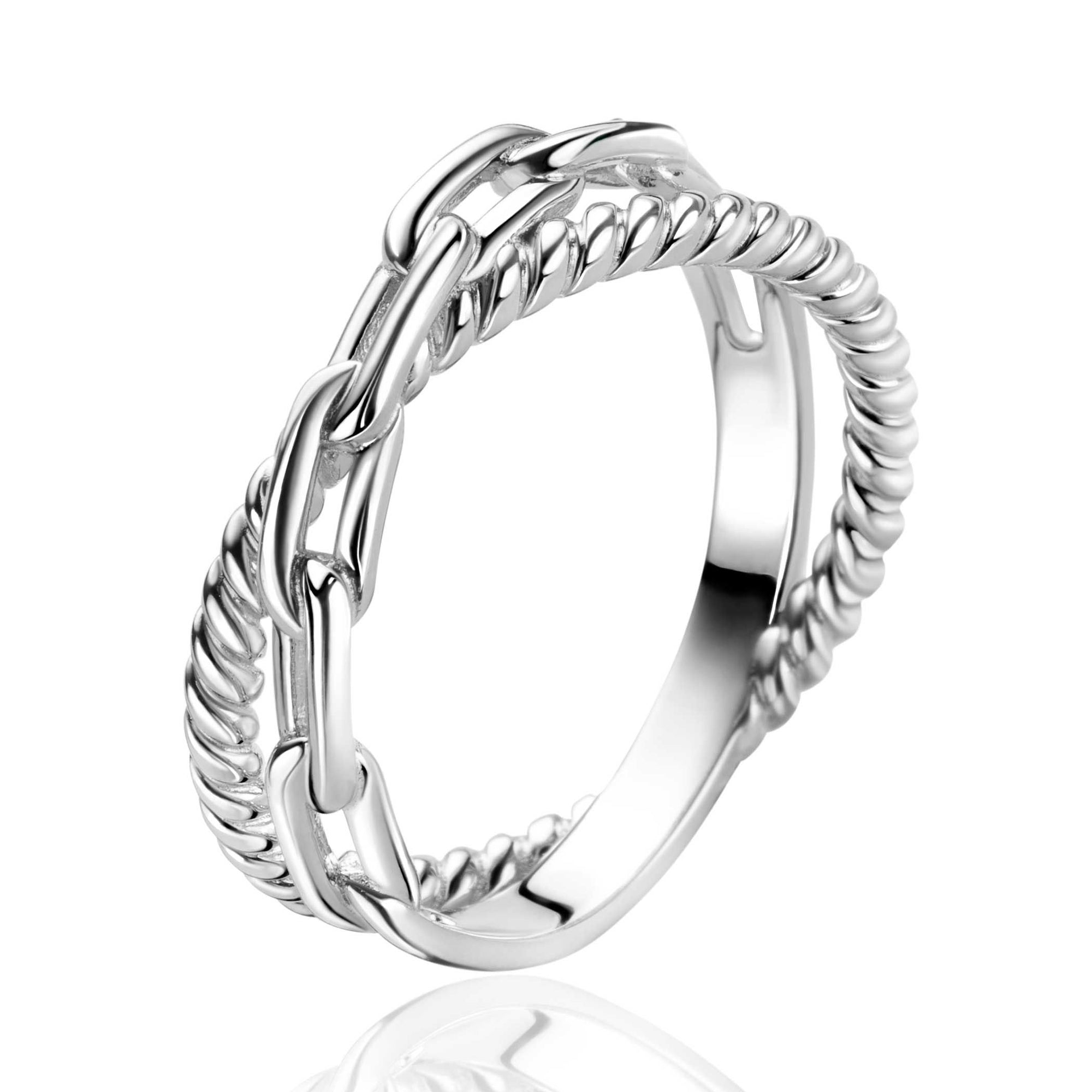 ZINZI Zilveren Brede Cross-Over Ring met Trendy Paperclip Schakel en Gedraaide Baan - ZIR2544, exclusief en kwalitatief hoogwaardig. Ontdek nu!