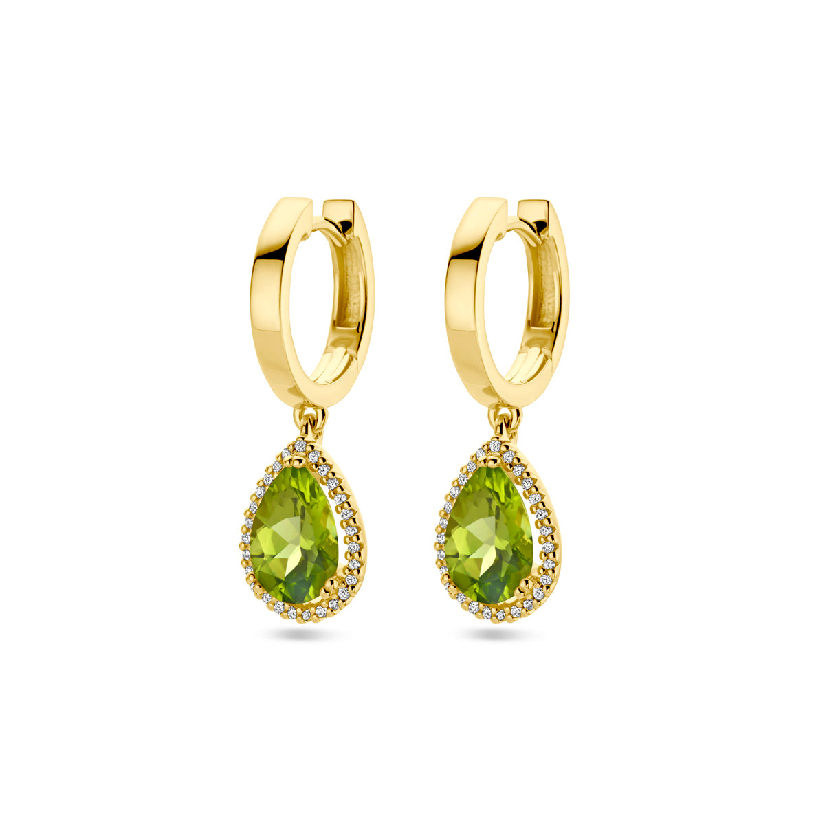 14K Geelgoud Klapoorringen Peridot En Diamant 0.15Ct (2X 0.075Ct) H Si Halo 4029905