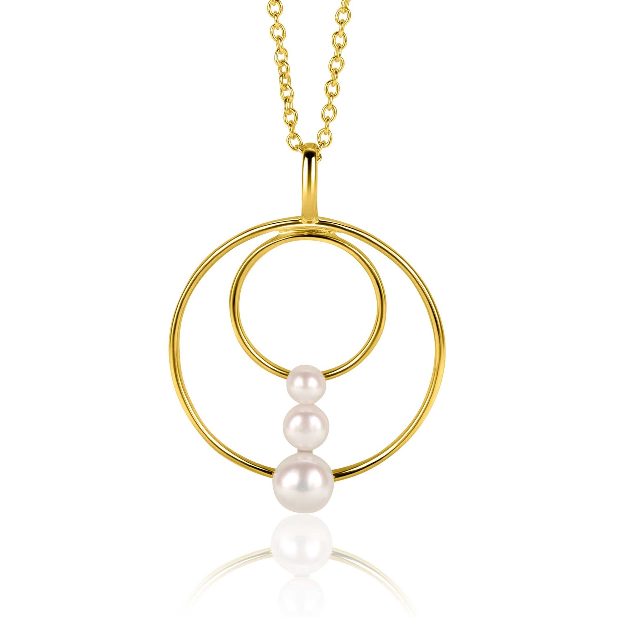 Zinzi gold plated zilveren ronde fantasie hanger bezet met drie ronde witte zoetwaterparels ZIH2616 (zonder collier)