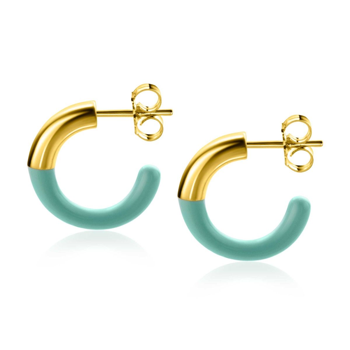 Zinzi gold plated zilveren trendy oorsieraden 16mm half emaille turquoise ZIO2315T