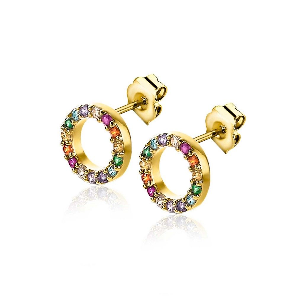 Zinzi zilveren oorknoppen 14K geel verguld 8mm bezet regenboog ZIO2170, exclusief en kwalitatief hoogwaardig. Ontdek nu!