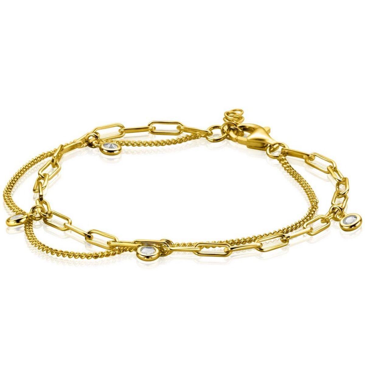 Zinzi gold plated zilveren multi-look armband met gourmet en paperclip schakels, bezet met vier ronde zirkonia's ZIA2362Y, exclusief en kwalitatief hoogwaardig. Ontdek nu!