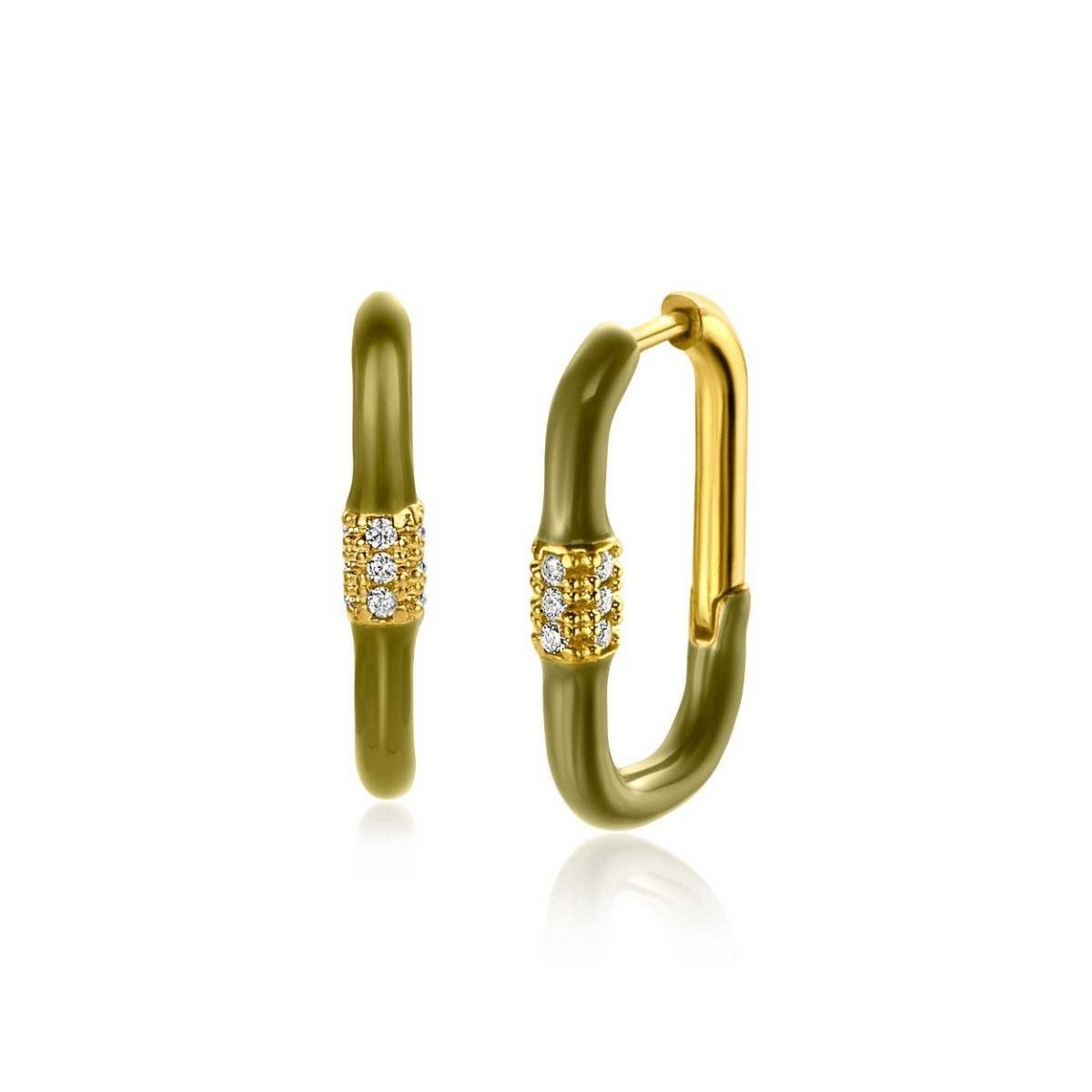 Zinzi gold plated zilveren oorringen 22x3mm rechthoekig olijfgroen emaille en witte zirkonia's ZIO2374, exclusief en kwalitatief hoogwaardig. Ontdek nu!