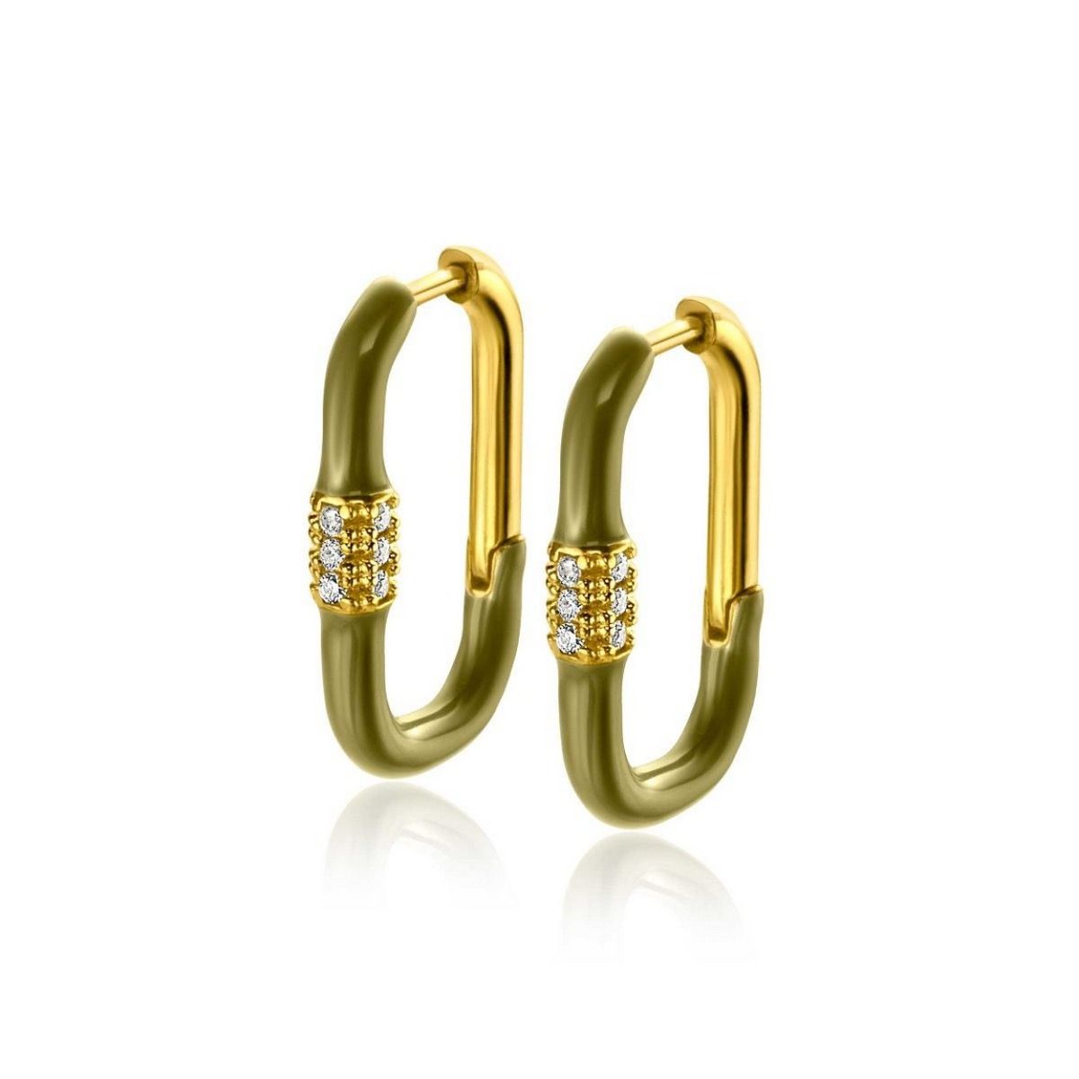 Zinzi gold plated zilveren oorringen 22x3mm rechthoekig olijfgroen emaille en witte zirkonia's ZIO2374, exclusief en kwalitatief hoogwaardig. Ontdek nu!